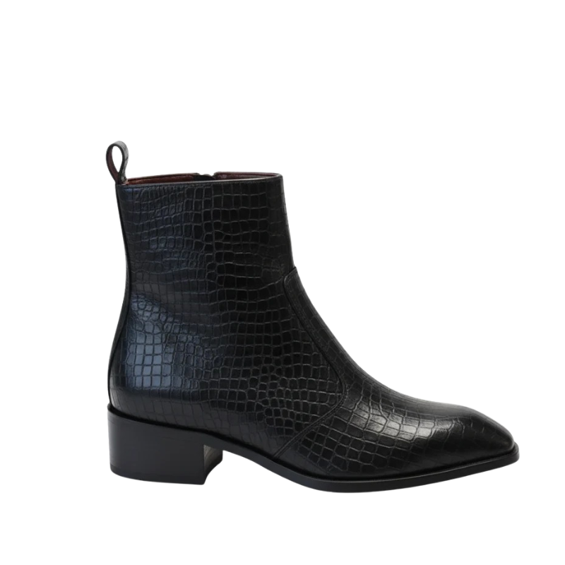 Premium Croco Texture Side Zipper Chelsea Leather Boots - Black 2