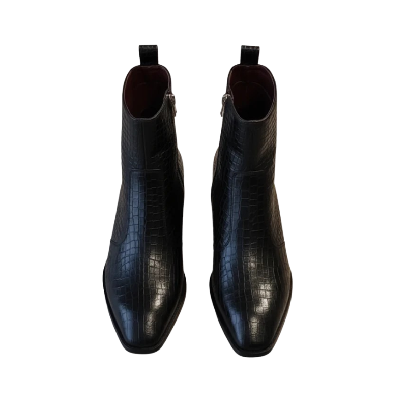 Premium Croco Texture Side Zipper Chelsea Leather Boots - Black 4