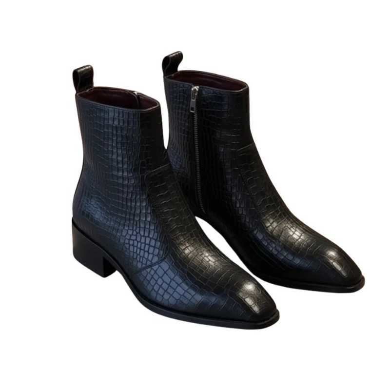 Premium Croco Texture Side Zipper Chelsea Leather Boots - Black