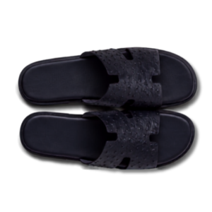 Ostrich-Embossed H-Cut Leather Slide Sandals – Premium Genuine Leather