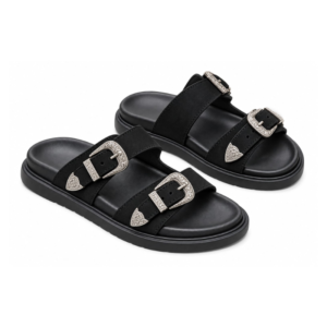 Premium Double-Buckle Leather Slides – Black