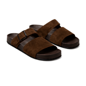 Suede Double-Strap Buckle Slide Sandals – Brown