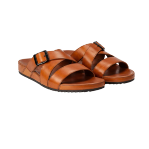 Triple-Strap Buckle Leather Slide Sandals – Terracotta Brown