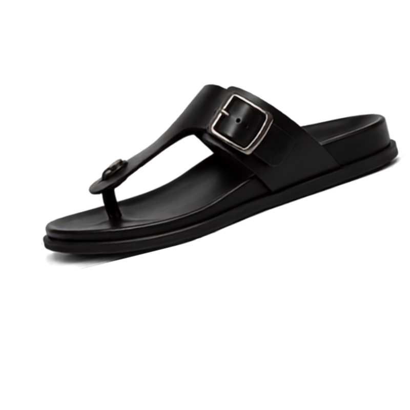 Vintage Buckle Toe-Ring Leather Sandals - Black (2)