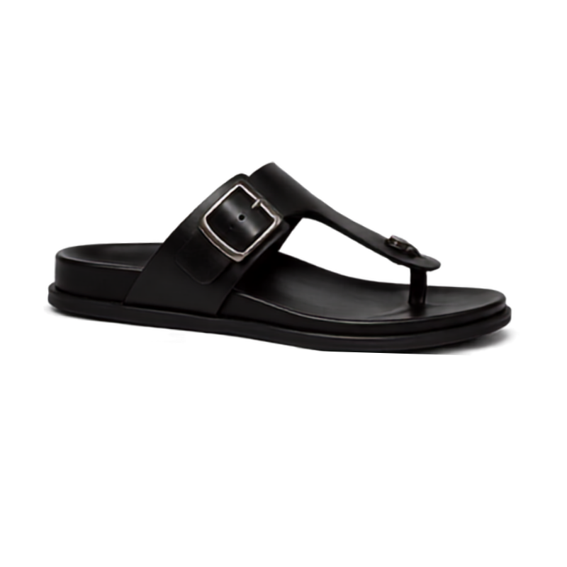 Vintage Buckle Toe-Ring Leather Sandals - Black