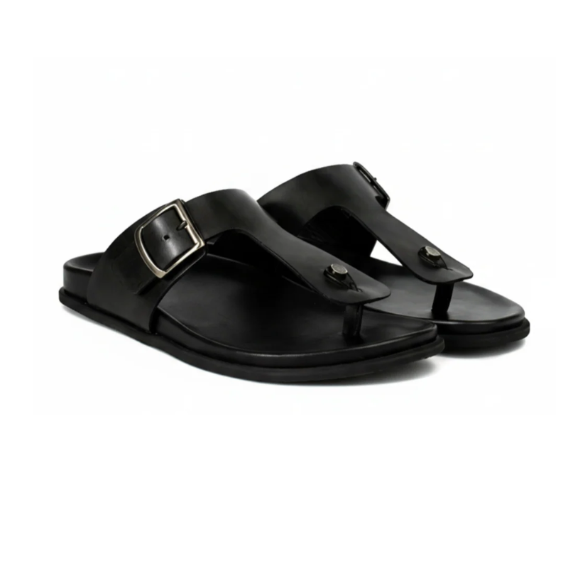 Vintage Buckle Toe-Ring Leather Sandals - Black
