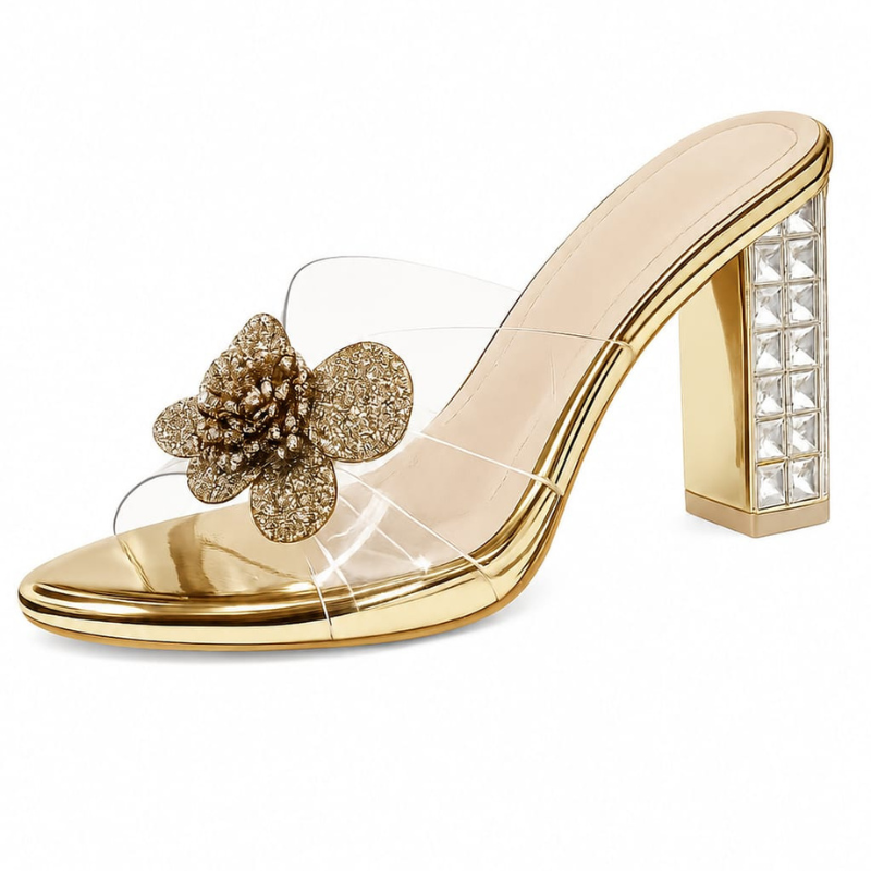 Women’s Gold Floral Embellished Block Heel Mules 2