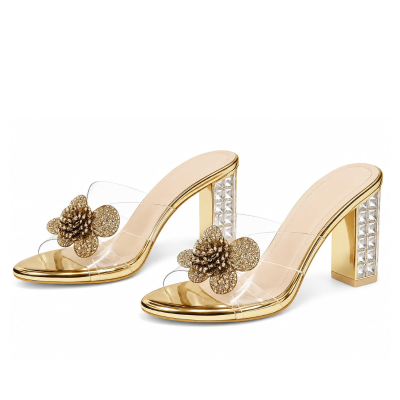 Women’s Gold Floral Embellished Block Heel Mules