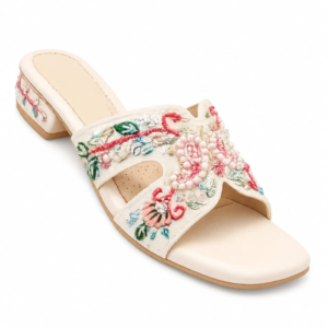 Women’s Pearl & Floral Embroidered Slide Sandals – Ivory