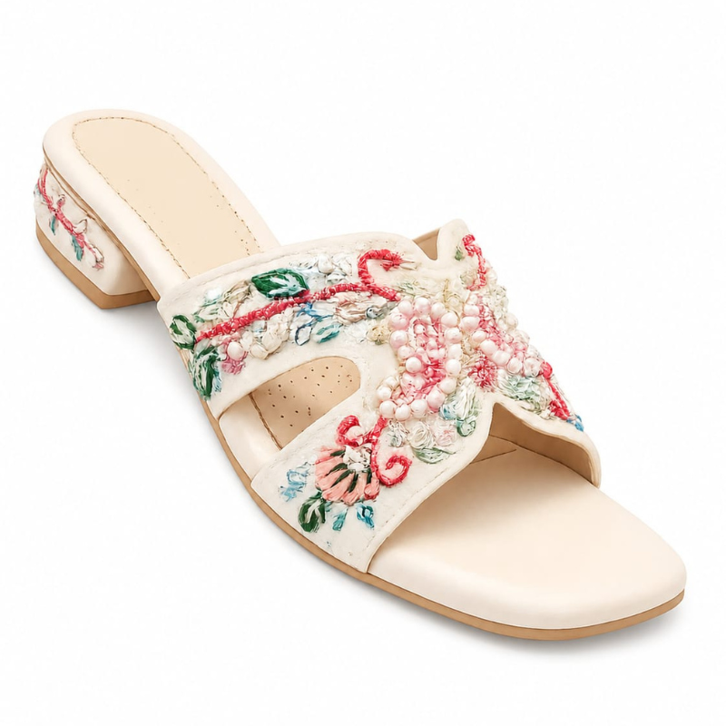 Women’s Pearl & Floral Embroidered Slide Sandals – Ivory 2