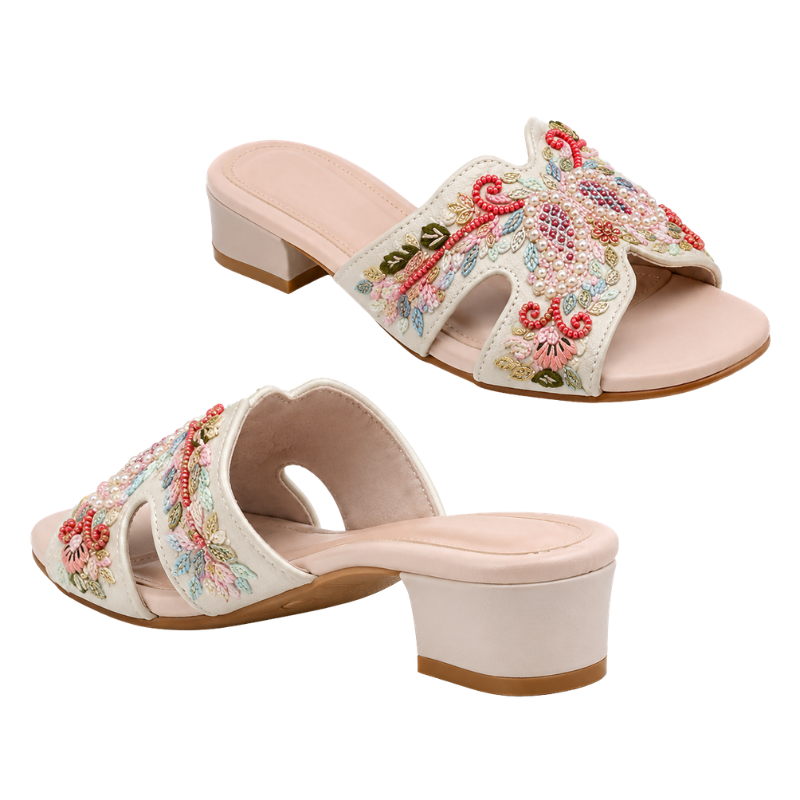 Women’s Pearl & Floral Embroidered Slide Sandals – Ivory 3