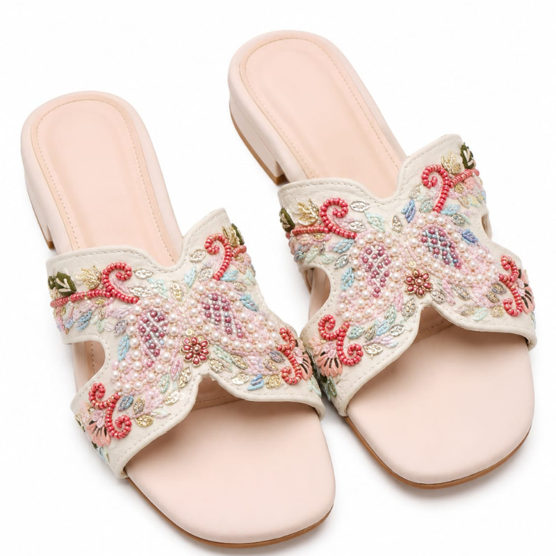 Women’s Pearl & Floral Embroidered Slide Sandals – Ivory