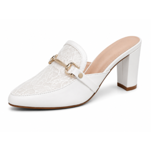 Women’s White Lace Buckle Mule Heels