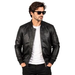 Men's Black Leather Classic Bomber Jacket