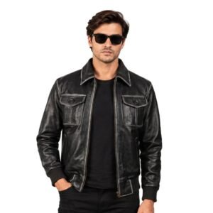 Men's Black Leather Collar Bomber Jacket
