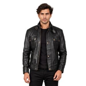 Men's Black Leather Military Jacket