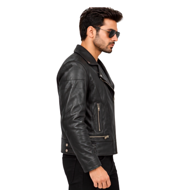 Black Leather Motorcycle Biker Jacket (4)