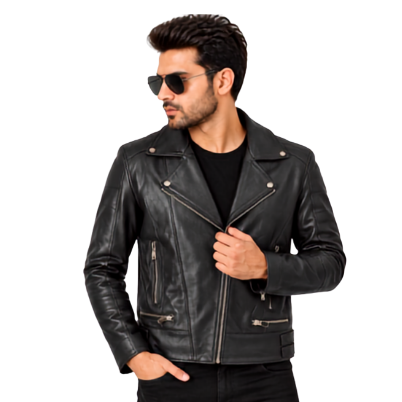 Black Leather Motorcycle Biker Jacket