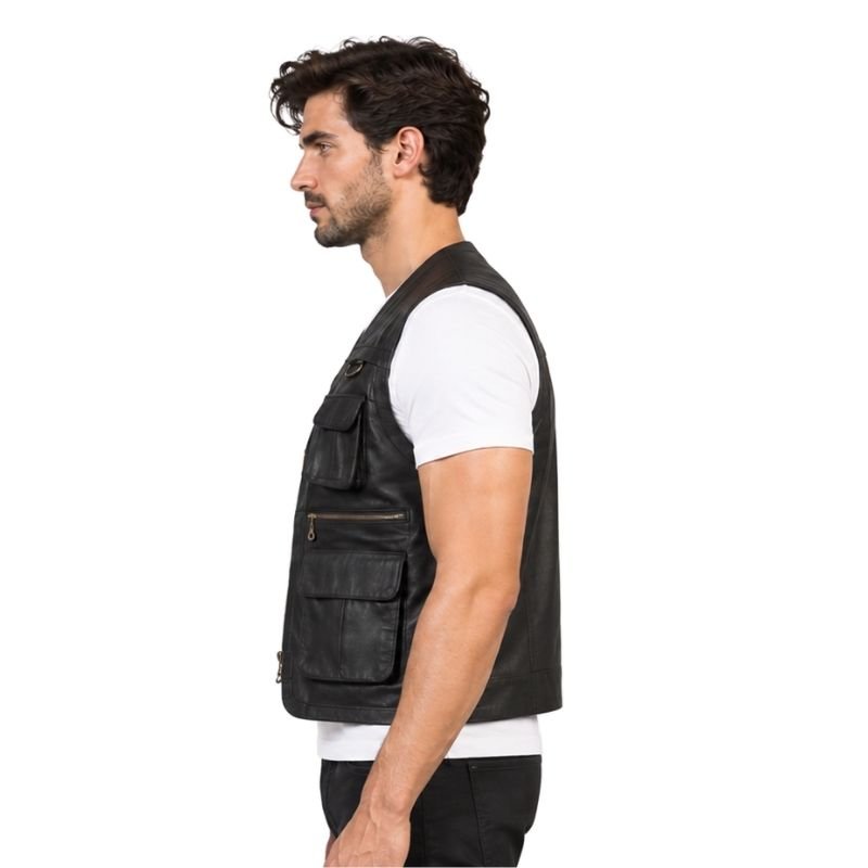 Black Leather Multi Pocket Vest (3)