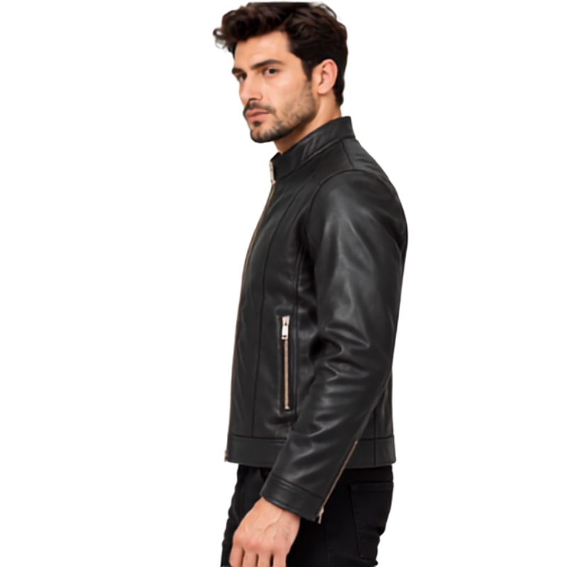 Black Leather Stand Collar Jacket (3)