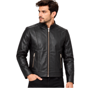 Men’s Black Genuine Leather Stand Collar Jacket