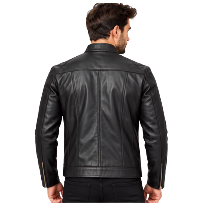 Black Leather Stand Collar Jacket (4)