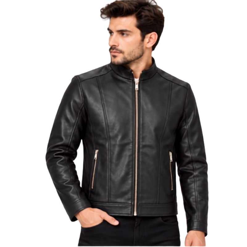 Black Leather Stand Collar Jacket