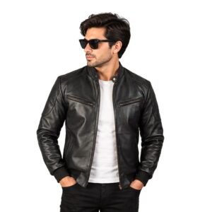 Men's Black Leather Zip Pocket Bomber Jacket