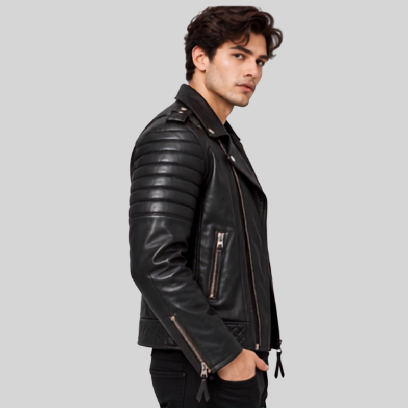 Black Quilted Leather Biker Jacket (3)