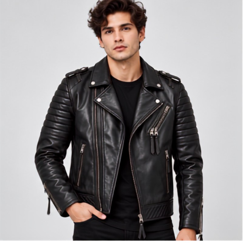 Black Quilted Leather Biker Jacket
