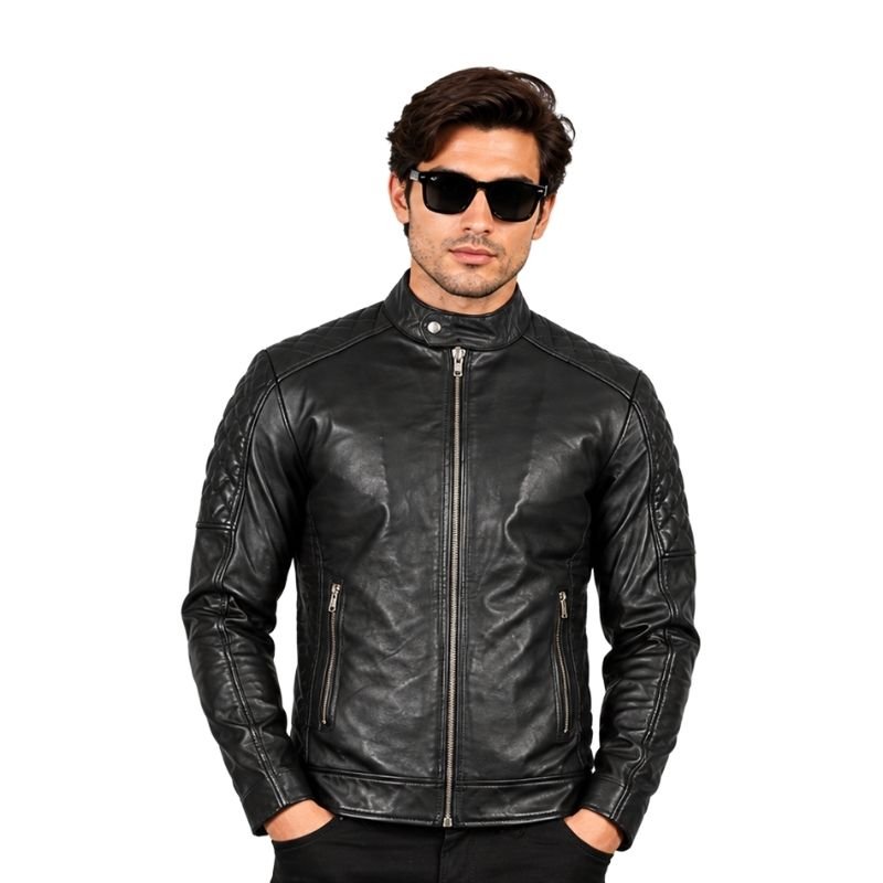 Black Quilted Leather Racer Jacket (4)
