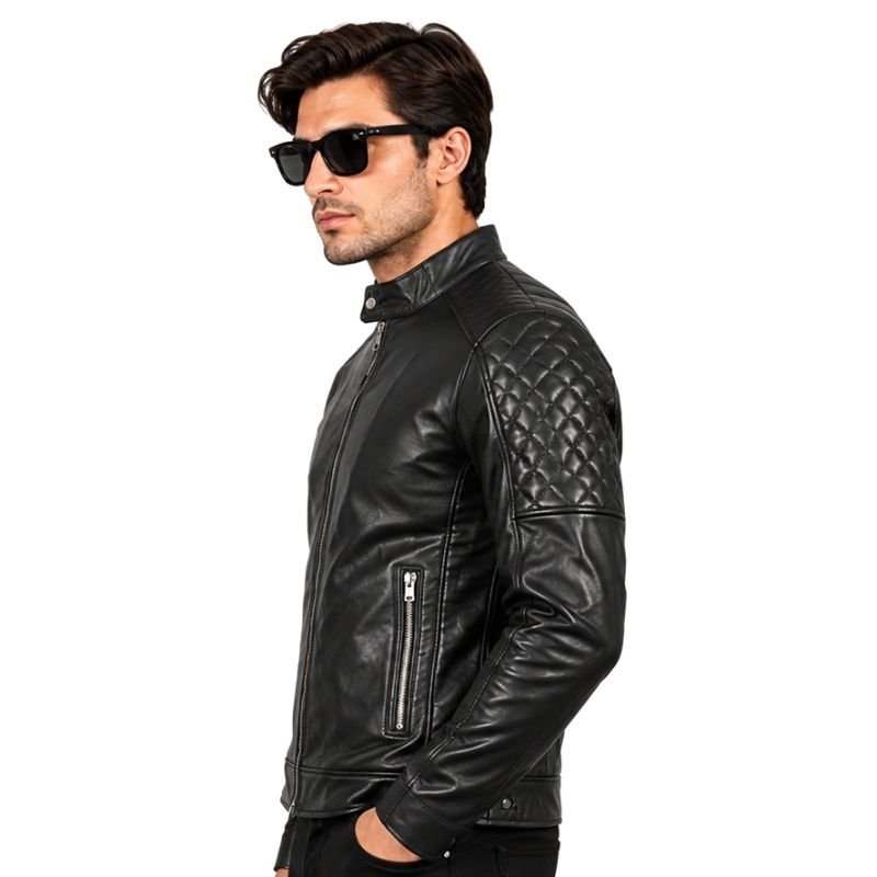 Black Quilted Leather Racer Jacket (6)