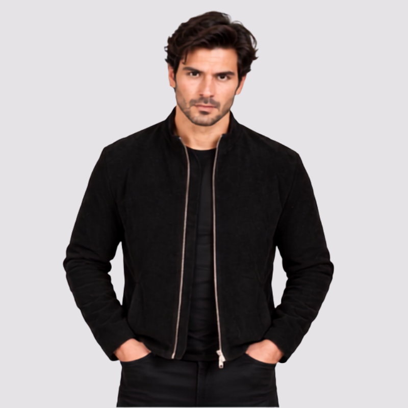 Black Suede Stand Collar Jacket 5
