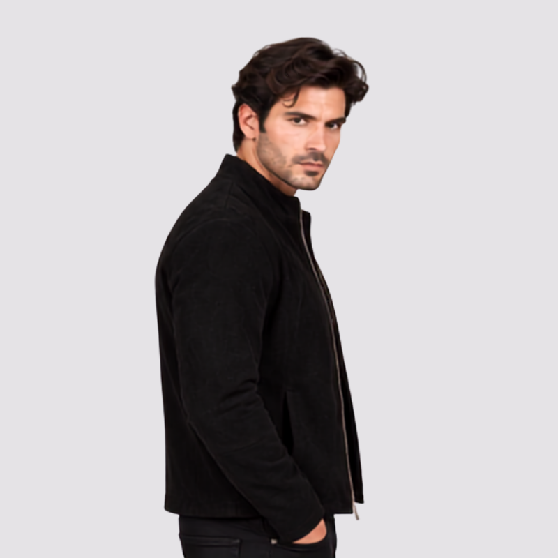 Black Suede Stand Collar Jacket