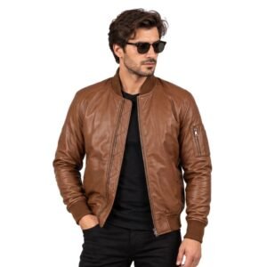 Men's Cognac Brown Leather Bomber Jacket