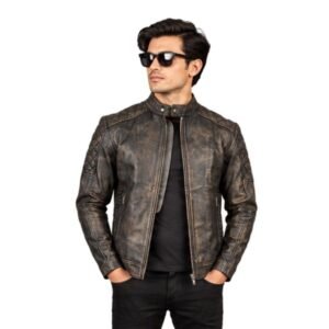 Men's Distressed Brown Leather Racer Jacket