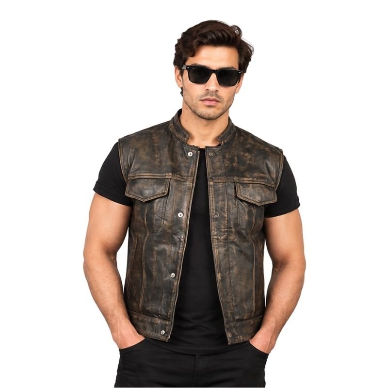 Distressed Brown Leather Utility Vest
