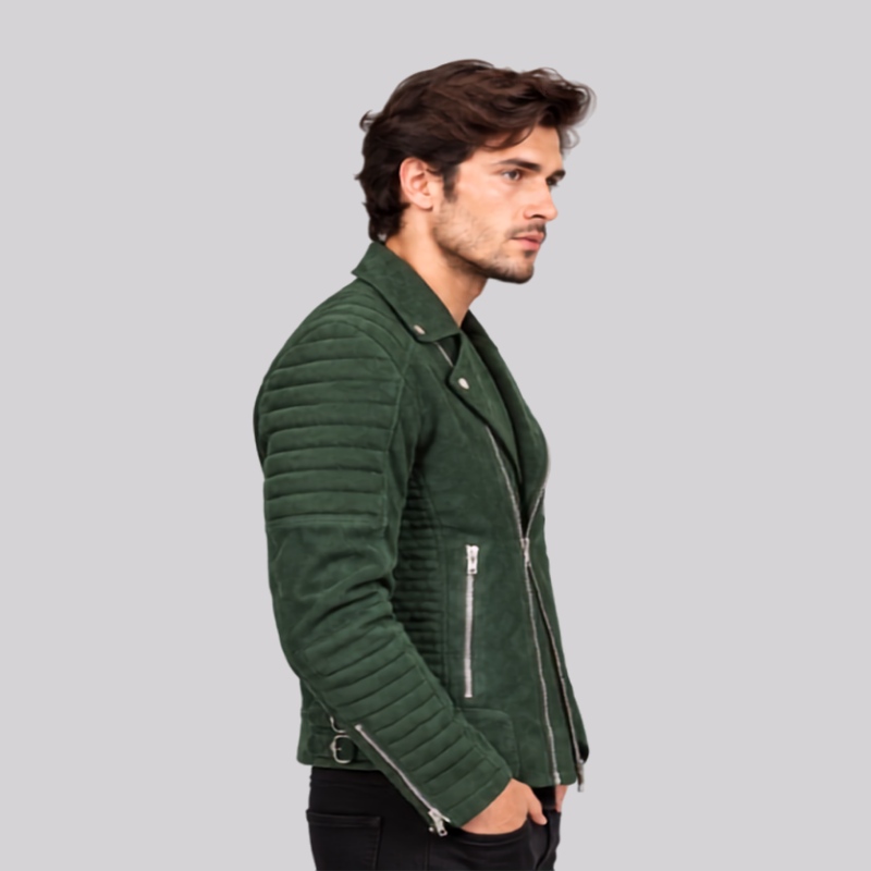 Forest Green Suede Quilted Biker Jacket (3)