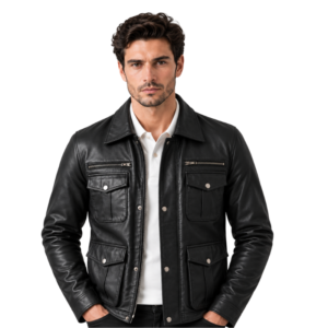 Men’s Black Multi-Pocket Genuine Leather Jacket