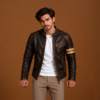 Men’s Brown Leather Biker Jacket with Armband Detail