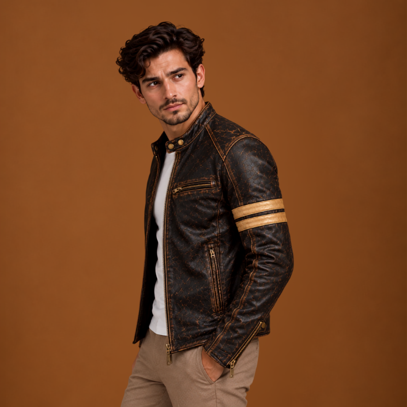 Men’s Brown Leather Biker Jacket with Armband Detail (3)