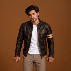 Men’s Brown Leather Biker Jacket with Armband Detail