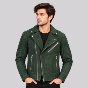 Men’s Forest Green Genuine Suede Leather Biker Jacket