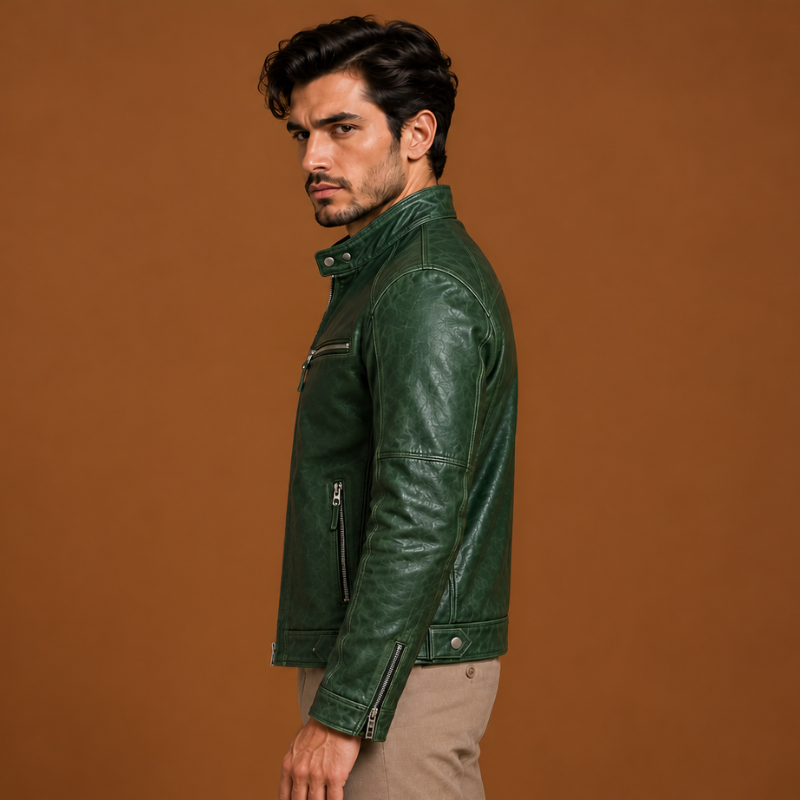 Men’s Green Leather Motorcycle Racer Jacket (2)
