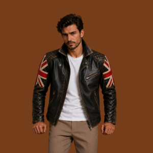 Men’s Union Jack Leather Moto Biker Jacket