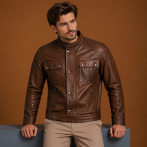 Men’s Genuine Leather Stand Collar Motorcycle Jacket
