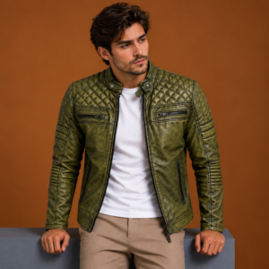 Men’s Olive Green Quilted Leather Motorcycle Jacket