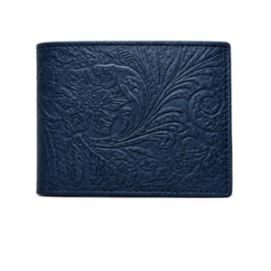 Navy Blue Paisley Embossed Leather Bifold Wallet – Artistry in Every Detail