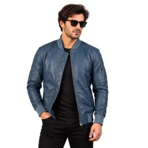 Men's Steel Blue Leather Bomber Jacket